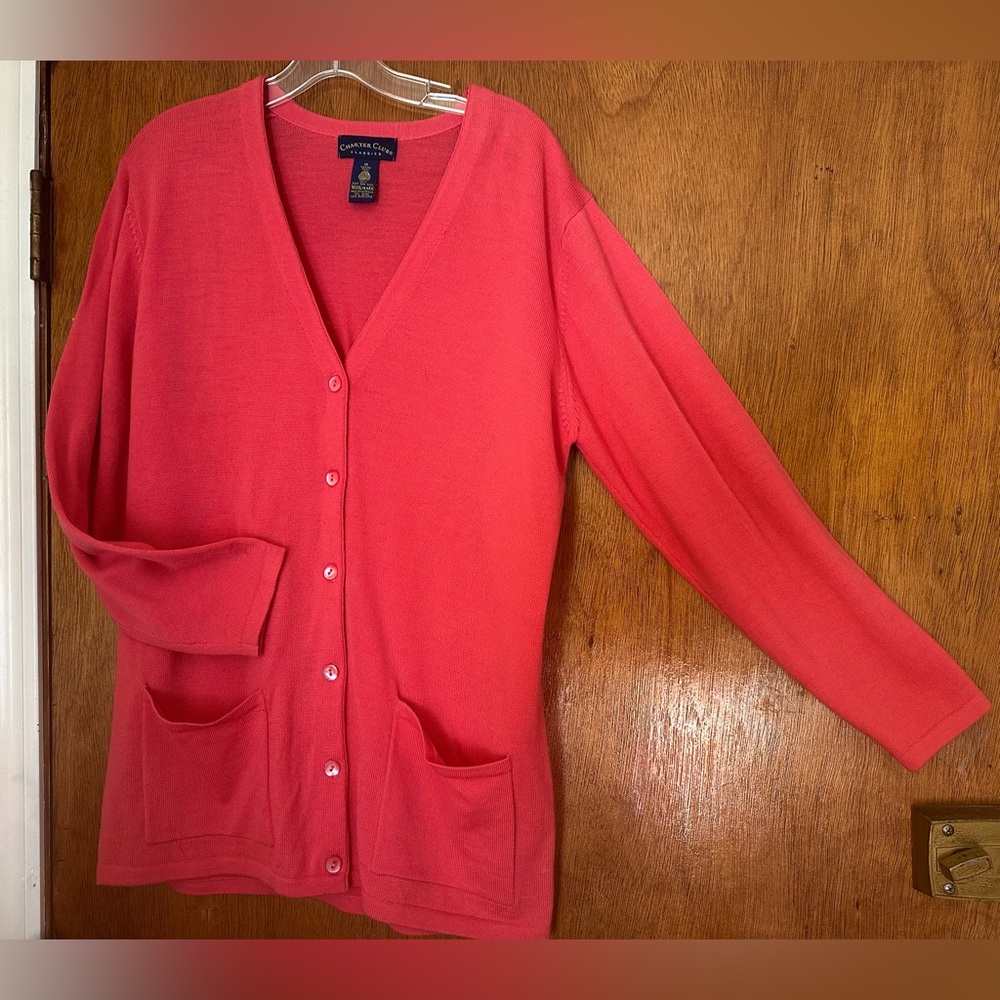 Charter Club Classic Coral Button-Down Cardigan Sweater 100% Wool LS Pockets Med